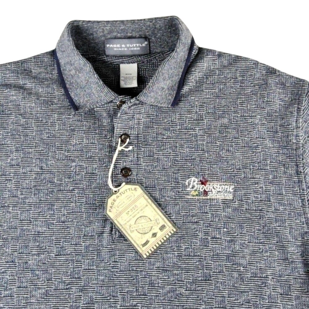 Page & Tuttle Polo Shirt Mens Medium Blue Geometric Knit Brookstone Golf Logo